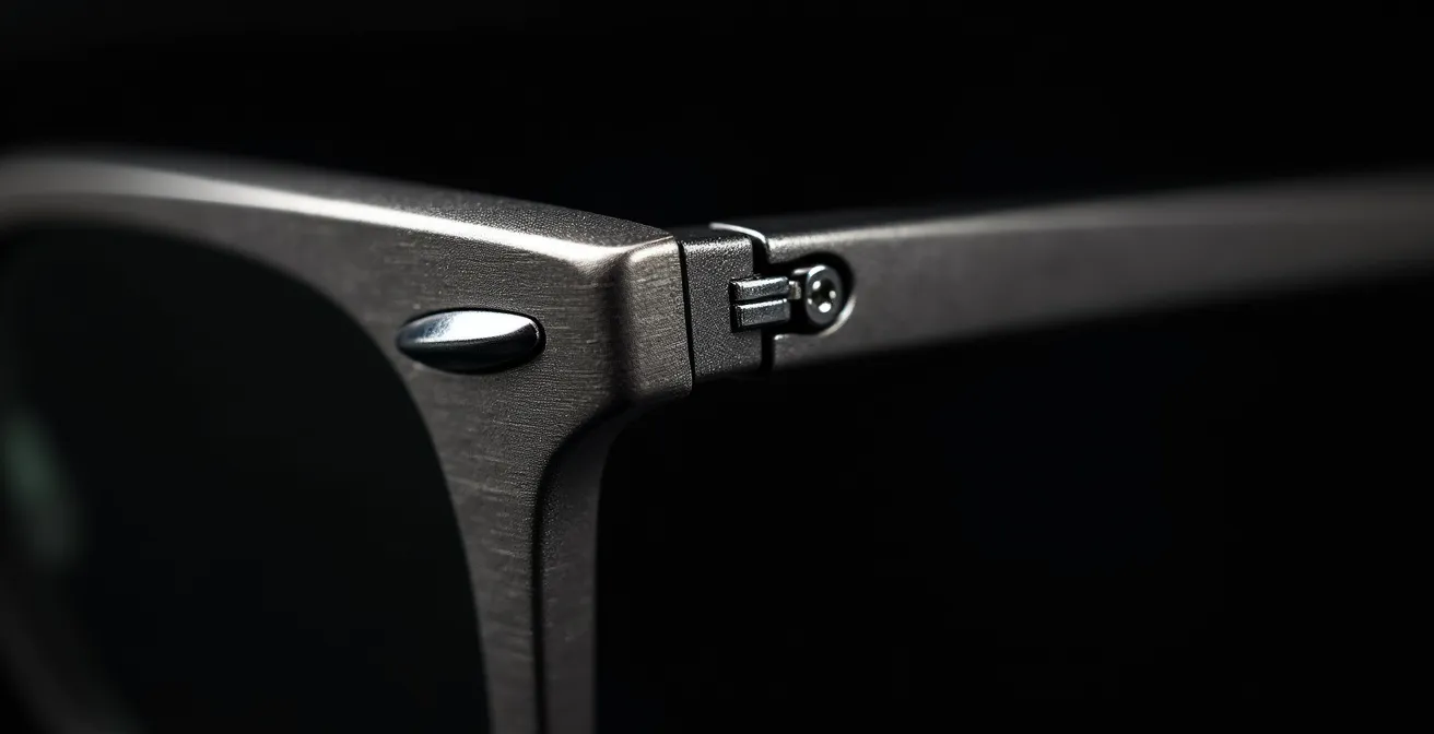 Détail macro d'une charnière en titane de lunettes Ray-Ban
