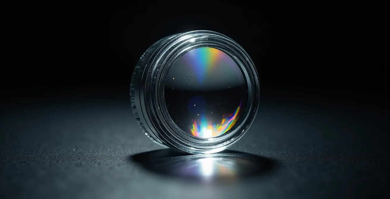 Détail macro d'un verre protecteur avec reflets lumineux