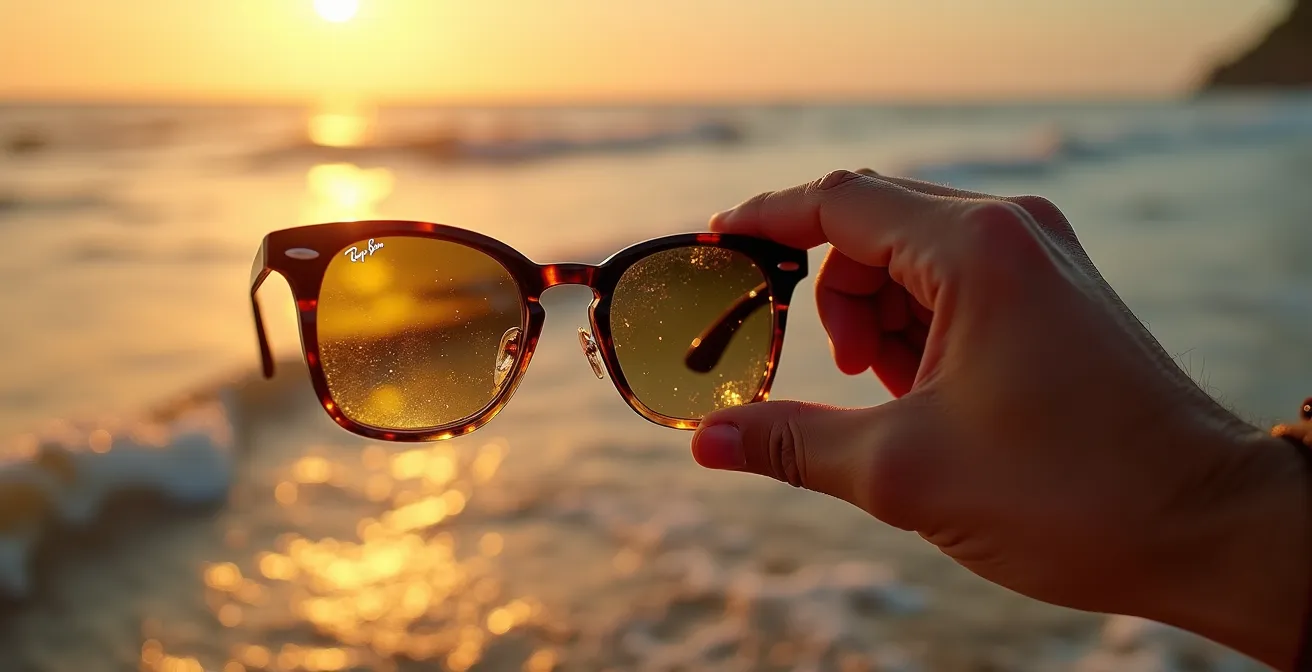 Main tenant des lunettes Ray-Ban avec reflets d'eau en arrière-plan