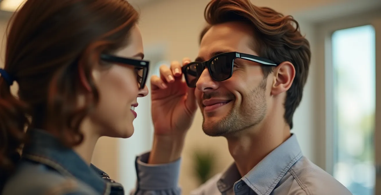 Profil d'une personne essayant des Ray-Ban avec jeu d'ombres douces sur le visage