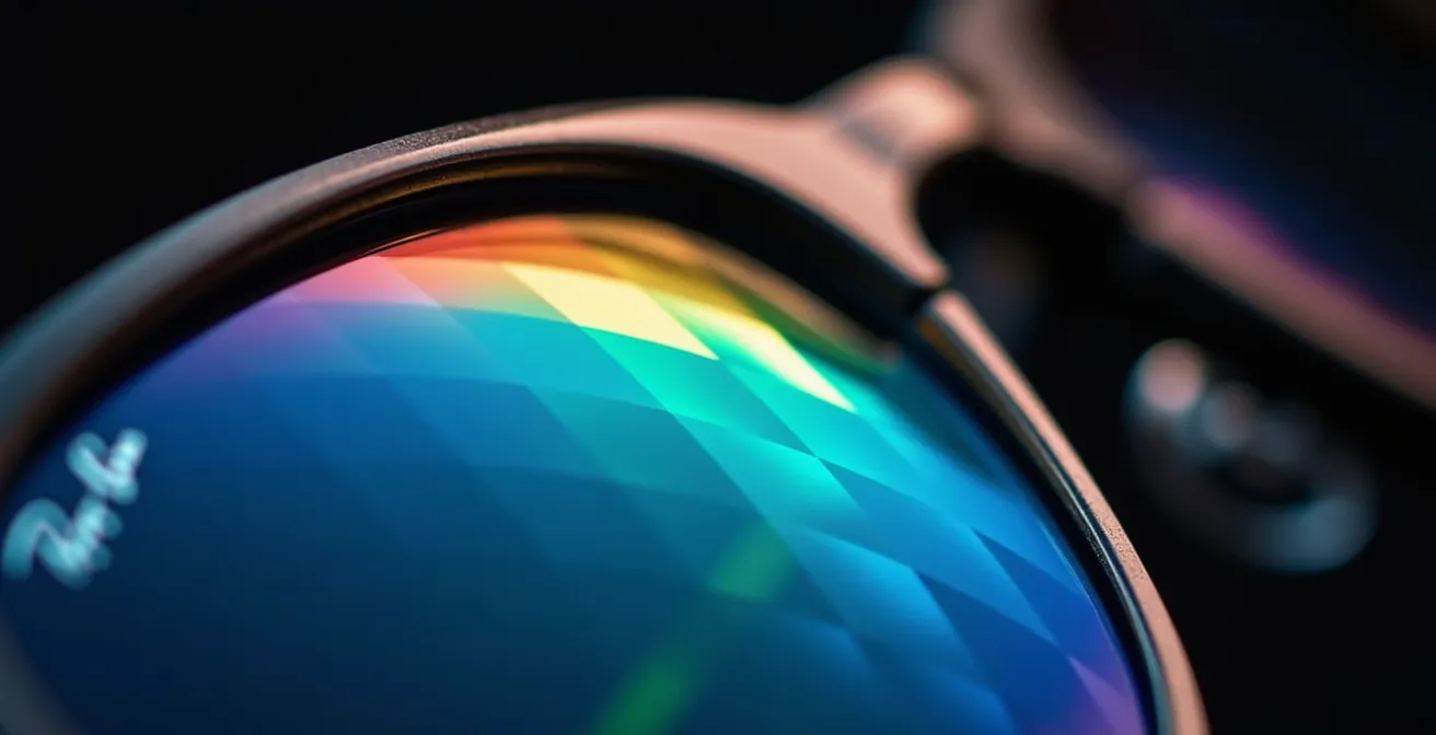 Détail macro d'un verre Ray-Ban montrant les traitements de surface et les reflets colorés