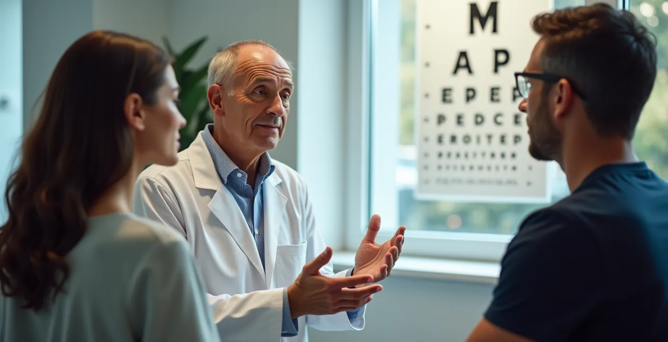 Patient en consultation avec un spécialiste de la vue discutant du choix de lentilles